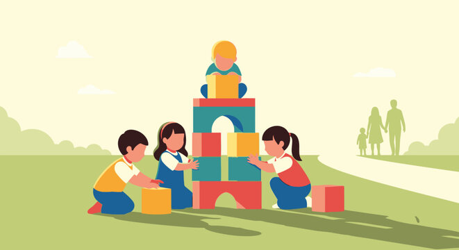 Four joyful children collaboratively build a colorful block tower outdoors, symbolizing teamwork, creativity, and early childhood development in a vibrant park.