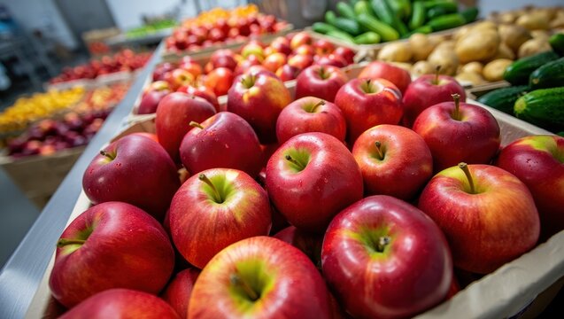 Apples inspection quality control setup features pristine white trays.