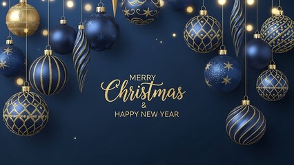 Festive Merry Christmas and Happy New Year decorative ornaments on a dark blue background, elegant holiday greeting