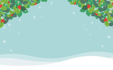 クリスマス用柊装飾のある雪原の背景フレームイラスト