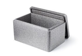 Empty gray styrofoam box with lid on white background