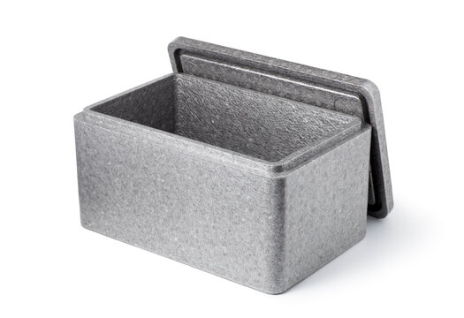 Empty gray styrofoam box with lid on white background