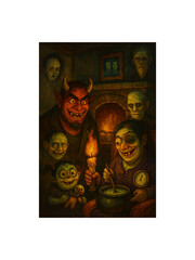 A Spooky Gathering: A chilling illustration, portraying a diabolical gathering, where various ghoulish creatures, including a devil, a witch, and other ominous figures, converge in a dark.