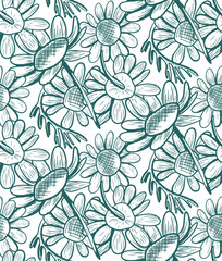 A seamless vector pattern with daisy flowers in a popular color. A monochrome botanical illustration featuring wildflowers. Hand-drawn line art with flower silhouettes.