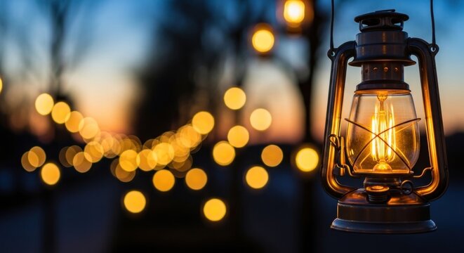 A glowing lantern hanging from a string against a blurred background of lights.