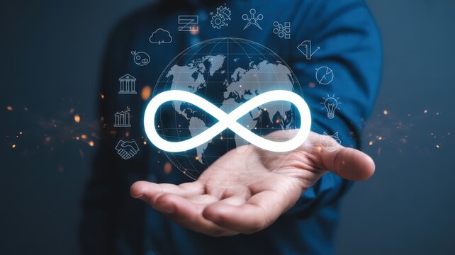 Human hand presents glowing symbol of endless cycle above digital globe with business concepts