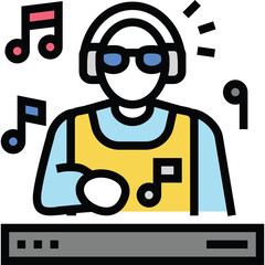 Person Wearing Headphones and Sunglasses Interacting with Musical Notes Over a DJ Mixer Graphic Illustration