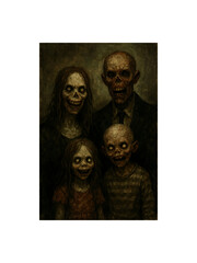 Creepy Family Portrait: A chilling family portrait of a eerie undead family staring at the camera. Their vacant eyes and unsettling smiles create an atmosphere of dread.