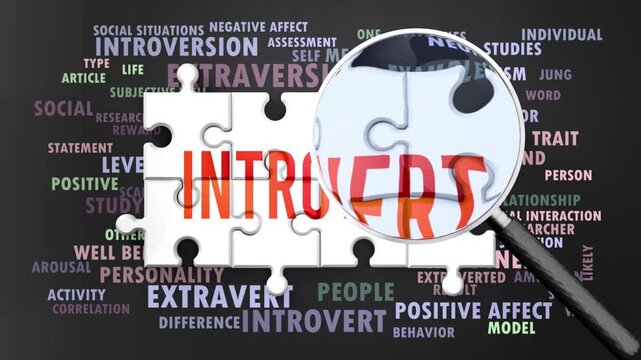 Introvert under magnifying glass, being researched, studied and examined. Most important subjects and ideas closely related to introvert written around a puzzle.Can be looped.