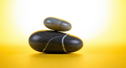 Balanced stones on yellow background, zen-like composition, tranquility concept.
