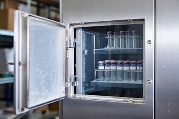 Cryogenic chamber dominates the frame with glass door, vials, and metal shelves.