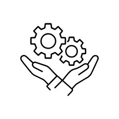 Line art icon of two interlocking gears held carefully in open hands, representing support, maintenance, or service