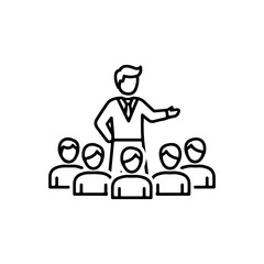 Line icon of a businessman or leader presenting to a group of people