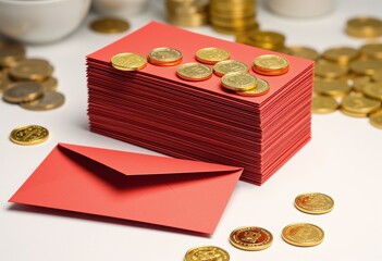 Red envelopes and gold coins arranged in a vibrant still life setup, bright colors