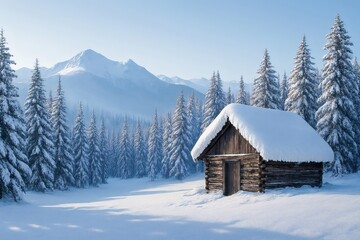 Rustic wooden cabin in snowy pine forest beneath clear blue sky with majestic mountain backdrop, serene winter landscape, cozy travel destination, nature photography, and holiday season background.