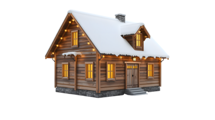 house with snow and decoration on a white background