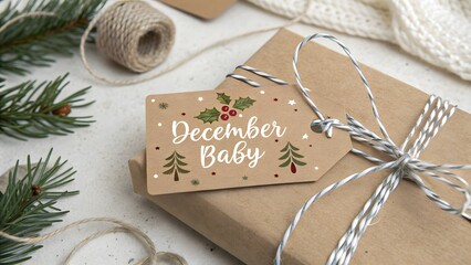 Wrapped gift with a festive tag and twine ready for December baby