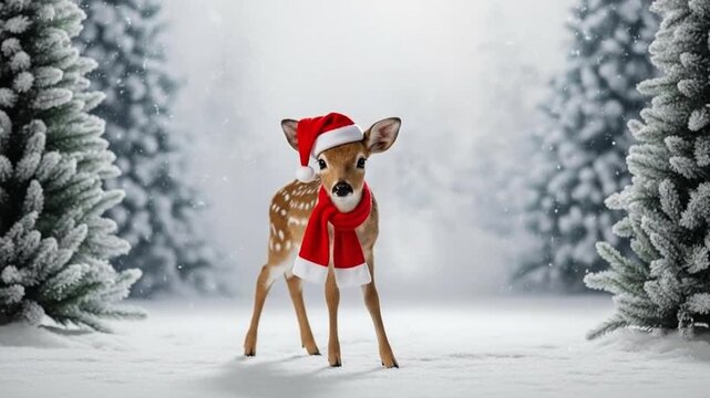 Charming animated baby deer in a Santa hat and scarf looks around in a beautiful snowy winter landscape with Christmas trees and falling snow.