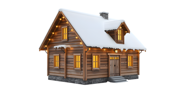 house with snow and decoration on a white background