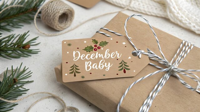 Wrapped gift with a festive tag and twine ready for December baby
