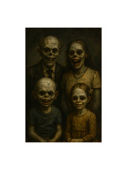 Gothic Family Portrait: A chilling portrait of a family, with skeletal features and haunting smiles, captured in a dimly lit, vintage style. Evoking a sense of unease.