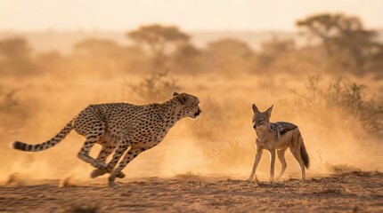 Cheetah and Jackal Showdown: A cheetah in full sprint, eyes locked on a jackal standing defiantly in the arid savanna, captured in a moment of raw energy and primal competition.