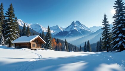 Cozy wooden cabin in a snow-covered alpine valley, surrounded by tall pine trees and majestic peaks. Fresh powder trails invite solitude, winter travel, adventure, and holiday inspiration.