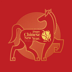 Happy chinese new year 2026 - Text in Gold line chinese horse zodiac on circle line layer on red background vector design