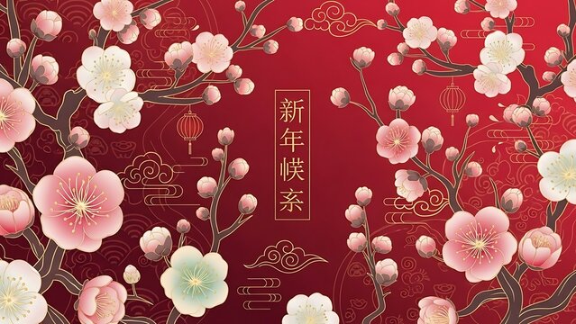 Elegant illustration of blooming cherry blossom branches on a festive red background with traditional clouds, symbolizing the Lunar New Year - Powered by Adobe