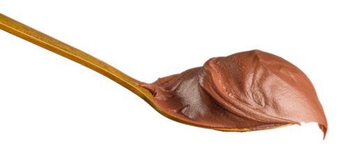 Spoonful of creamy chocolate spread on a golden spoon isolated on white background, captured in detailed studio macro style for dessert advertising, confectionery branding, packaging design