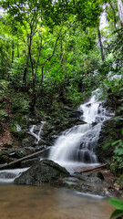 A mesmerizing waterfall cascading through a verdant rainforest, a scene of natural beauty