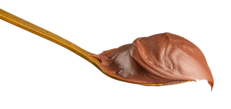 Spoonful of creamy chocolate spread on a golden spoon isolated on white background, captured in detailed studio macro style for dessert advertising, confectionery branding, packaging design