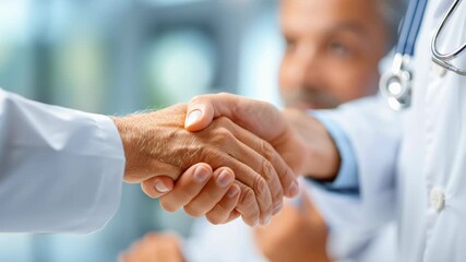 Doctor extends hand and patient responds with firm handshake in bright clinical office capturing greeting motion and establishing trustful contact as part of a professional medical appointment