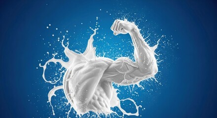 A muscular man flexing his bicep against a blue background.