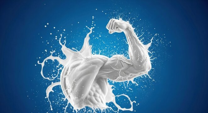 A muscular man flexing his bicep against a blue background. - Powered by Adobe