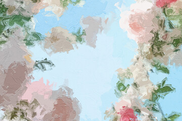 Naklejka premium Various oil paintings, flowers, roses, peonies, ocean sailboats, flying swallows, Paisley