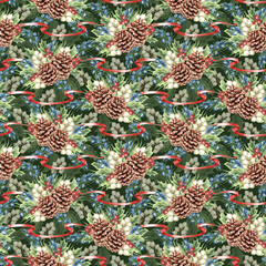 Obraz premium Watercolor pine cones with red ribbons and colorful berries Christmas seamless pattern. Hand-drawn illustration winter plantsfor holiday packagine design. Festive nature background for textile, paper.