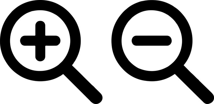 Zoom In and Zoom Out Icons, Representing Magnification, Search, and Adjustment of View in Digital Interfaces and Applications, Suitable for Various Designs