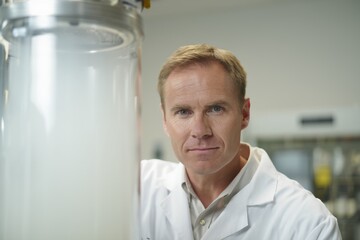 Male research scientist in a white lab coat stands in a laboratory with glassware.