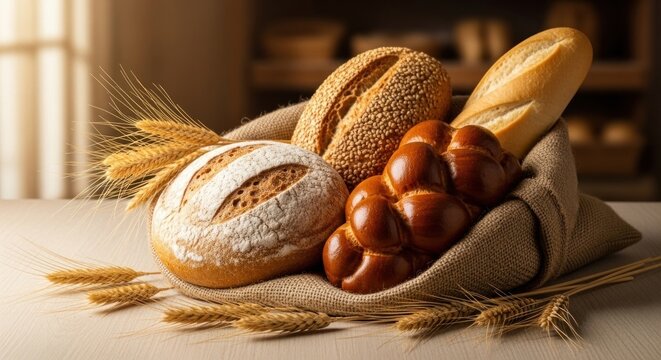 Various types of bread and buns on a rustic cloth with wheat ears and a window in the background.