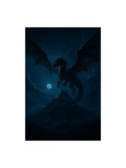 Dragon in the Night: A mythical dragon soars majestically in the inky twilight, its silhouette defined against the luminous full moon, over towering mountain. It evokes a sense of fantasy and wonder.