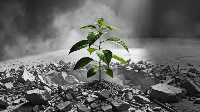 green sapling breaking cracked concrete floor, dramatic spotlight casts long shadows, dust and rubble scattering, monochrome surroundings amplify vivid leaves, slow motion emergence evokes resilience