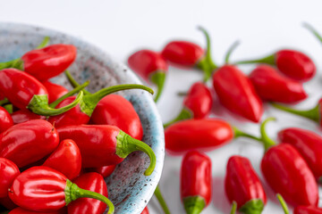 Vibrant red jalapeno pepper on a white background with space for text, ideal for food and culinary concepts.Group of ripe red jalapeno peppers .