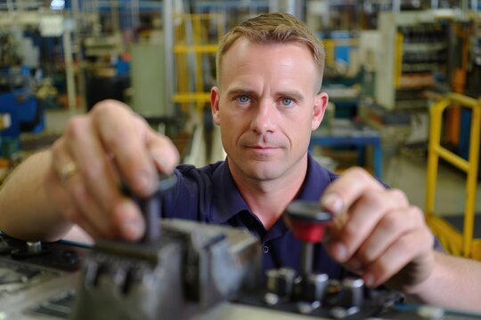Factory supervisor guides assembly line with focus, checking controls.