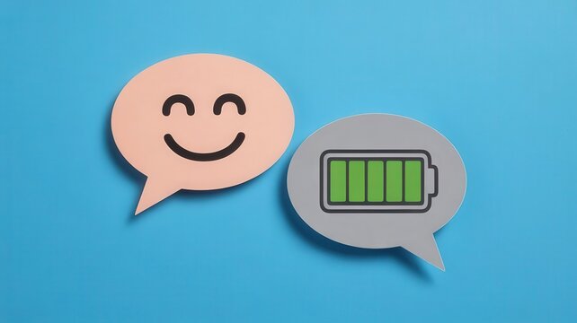Two speech bubbles representing communication and energy levels rest on a bright blue background