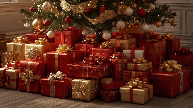 Numerous red and gold wrapped presents are gathered closely beneath a decorated in an indoor setting.