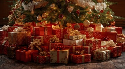 A large pile of red and gold gifts is stacked beneath the boughs of a decorated.
