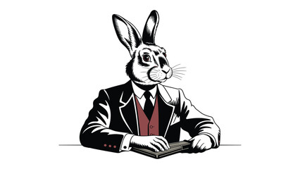 Surreal anthropomorphic rabbit wearing a suit and tie sitting at a desk with a book or notebook in a black and white illustration