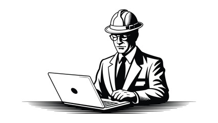 Professional engineer wearing a hard hat and suit diligently working on a laptop computer at a desk in a black and white illustration