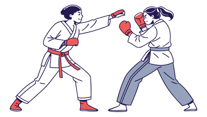 Fototapeta premium Two women sparring in martial arts attire, one throwing a punch.